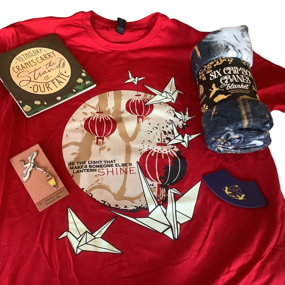 Six Crimson Cranes Lot Bookish Goodies Blanket Pin L T Shirt Bookmark NEW